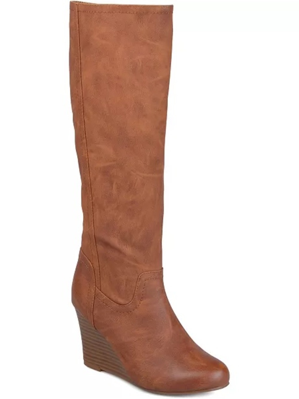 Journee Tan Brown Faux Leather Knee High Zip Up Wedge Boot Sz 7.5 BNWOB